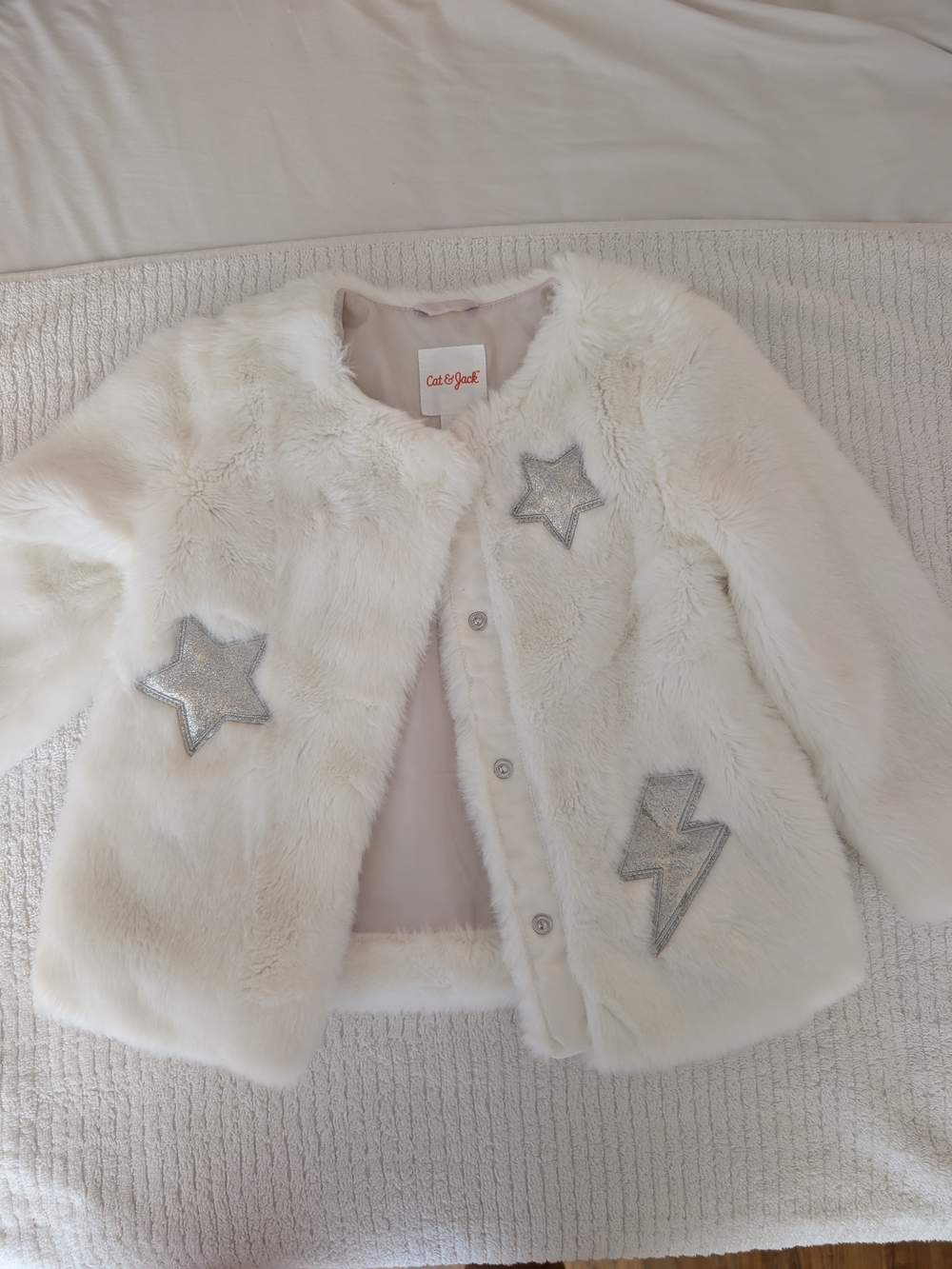 Cat & Jack White Faux Fur Kids Coat with Silver Star & Lightning Patches